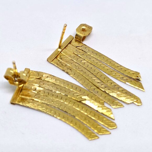 Vintage 14k Herringbone Chain Floral Pattern Chevron Dangle Italy Earrings - Picture 14 of 15